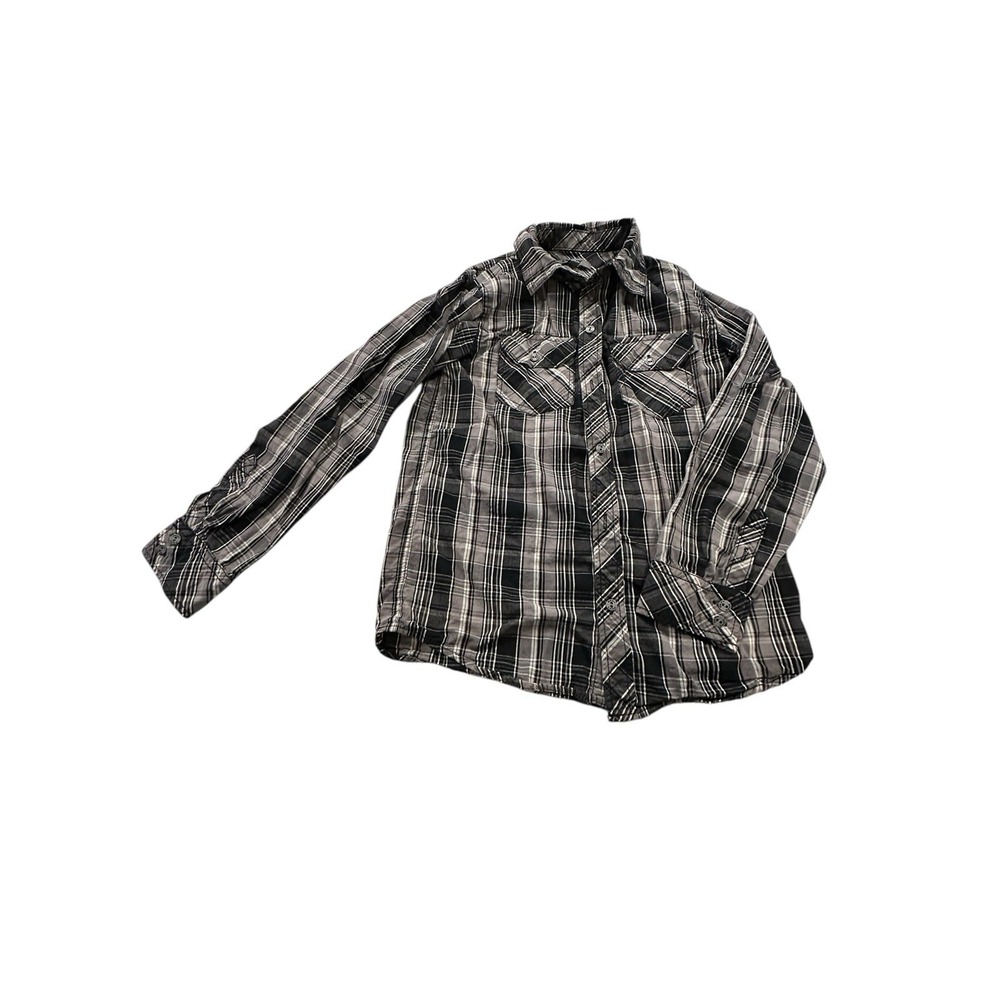 DKNY Shirt Womens Sz Medium Black White Western Plaid Long Sleeve‎ Metal Buttons